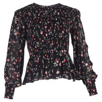 Ganni Ganni Elm Shirred Printed Georgette Peplum Blouse in Multicolor Viscose