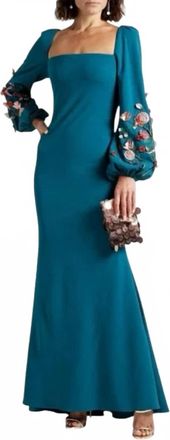 Badgley Mischka Fluted Floral-Appliqued Crepe Dress In Blue