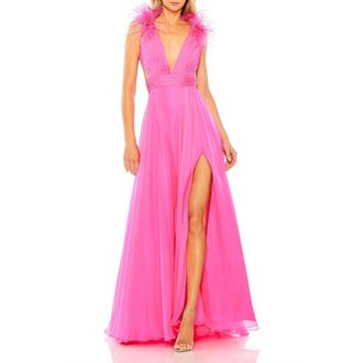 Mac Duggal Feathered Collar A-Line Gown in Hot Pink at Nordstrom, Size 14