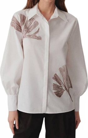 Exquise Ayla Cotton Shirt With Floral Stitch Detailing In Bone