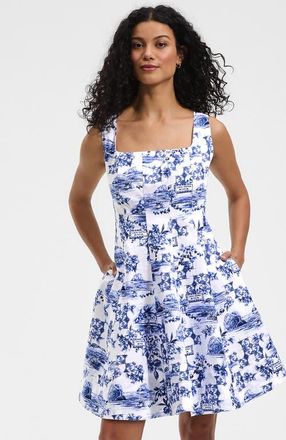 Lands End Princess Seam Poplin Above the Knee Dress in White/blue Toile at Nordstrom, Size X-Large P