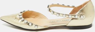 Jimmy Choo London Gold Leather Pearl Embellish Leema Ankle Strap Flats