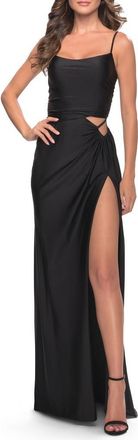 La Femme Cut Out Jersey Dress with High Slit in Black at Nordstrom, Size 00