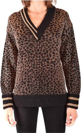 Pinko Leopard Pattern V-Neck Truien Sweater - Dames - V-hals truien - Bruin - S - Polyester - Truien & Vesten