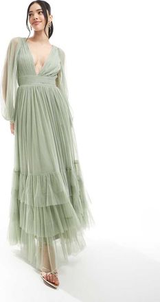 Lace & Beads Bridesmaid Madison long sleeve maxi dress in dusty sage-Green