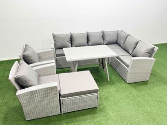 Fimous 9 Seater Garden Outdoor Rattan Furniture Set Dining Table in Light Grey