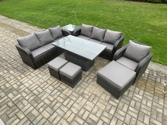 Fimous PE Rattan Outdoor Garden Furniture Sets Height Adjustable Rising lifting Dining Table Sofa Set with Side Table Reclining Chair in Dark Grey