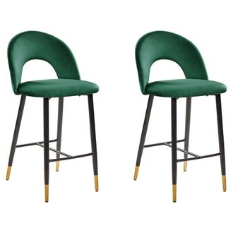 Beliani Conjunto De 2 Sillas De Bar De Terciopelo Verde Esmeralda Negro Dorado Metal Retro Comedor Falton