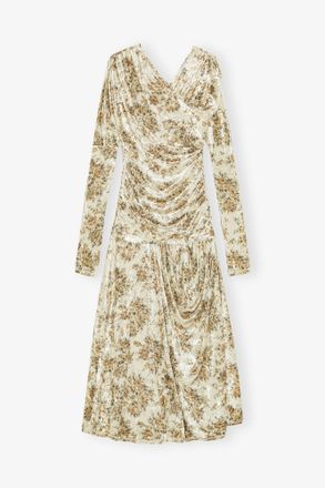 Ganni Golden Floral Ruched Dress - Size 36 Beige