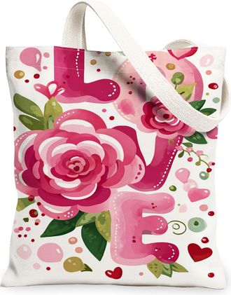 Generic Floral Love Canvas Tote Bags, Flower Print Reusable Grocery Bags, Spring Vintage Lightweight Washable Shoulder Strap Canvas, Peach, 13x15 Inch