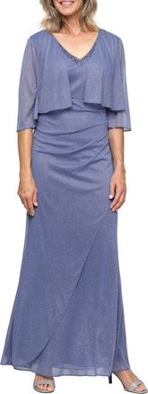 S.L. Fashions Beaded Glitter Mesh Gown in Dusty Blue at Nordstrom, Size 18