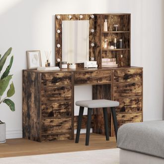 Berkfield Home 3-Piece Dressing Table Set with LED in Smoked Oak Engineered Wood in Brown