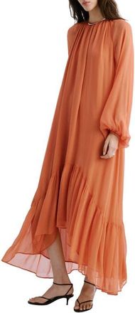 Mango Ruffles Flowy Long Sleeve Chiffon Maxi Dress in Orange at Nordstrom, Size 2