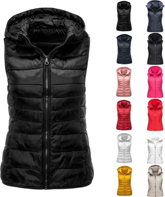 Generic Womens Puffer Gilet with Hood Quilted Vest Padded Outwear Lightweight Bodywarmer Ladies Windproof Full Zip Sleeveless Jacket for Golf Hiking Cycling R