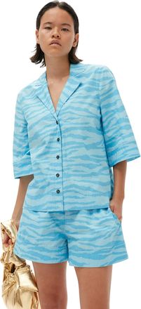Ganni Short Sleeve Printed Cotton Shirt in Ethereal Blue Size 10 Womens