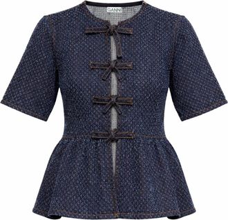 Ganni Blue Textured Round Neck Top