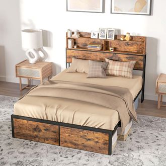 HOMCOM Bed Frame with Storage Headboard & Under Bed Storage in Brown | Size: Double