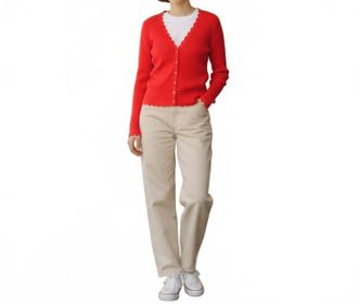 Autumn Cashmere Scallop Edges Rib V-Neck Cardigan In Tomato Red