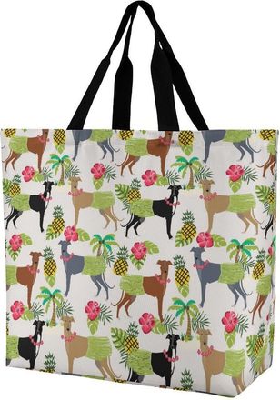 Generic Tropical Palm Tree Hula Dancer Dog Greyhound Pattern Reusable Grocery Bag Large Capacity Foldable Shopping Tote with Inner Pocket