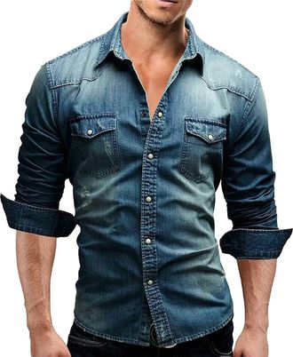 Generic Mens Long Sleeve Double Snap Denim Shirt Casual Cotton Light Wash Work Tops Shirts Chambray Dark Blue Large