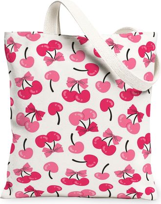 Generic Cherries Pattern Canvas Tote Bags, Cute Fruit Design Reusable Grocery Bags, Summer Floral Lightweight Washable Shoulder Str, Peach, 13x15 Inch
