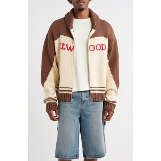 Elwood Camp Shawl Collar Zip Cardigan in Brown/Off White at Nordstrom Rack, Size Large