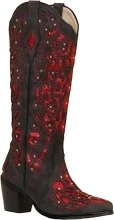 Generic Womens Vintage Western Cowboy Knee High Boots Floral Embroidered Cowgirl Shoes