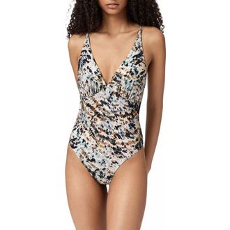 AllSaints Saph V-Neck One-Piece Swimsuit in Canter Fawn Brown at Nordstrom, Size 10 Us