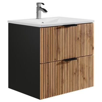 Vente-Unique Mobile per bagno sospeso con scanalature e lavabo da incasso 60 cm Naturale chiaro e Nero - madela