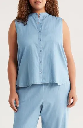 Eileen Fisher Sleeveless Band Collar Chambray Button-Up Shirt in Washed Indigo at Nordstrom Rack, Size 3X