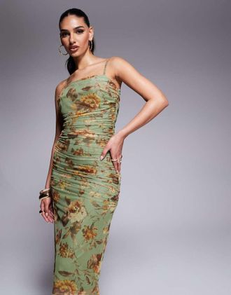 Lulus ruched mesh midi dress in sage floral-Green