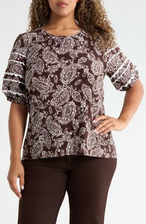 Jones New York Rickrack Puff Sleeve Top in Fudge/white Sand Multi at Nordstrom, Size 1X