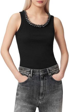 AllSaints Lucy Chain Embellished Rib Knit Cotton Blend Tank in Black at Nordstrom, Size X-Small