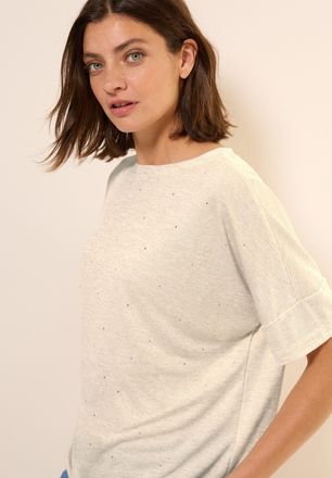 Cecil T-Shirt CECIL, Damen, Gr. L (42), lila (pearl beige), Jersey, Obermaterial: 55% Polyester, 45% Viskose, unifarben, l&auml;ssig geschnitten h&uuml;ftbedeckend, U