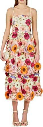endless rose Embroidered Floral Tiered Dress in Beige at Nordstrom, Size X-Small