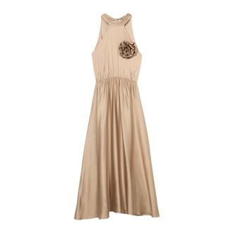 Oltre Lange satijnen jurk met bloem - Dames - Maxi kleedjes - Beige - 3XL - Satijn - Kleedjes