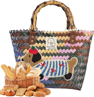 Generic Woven Beach Tote - Dachshund Straw Basket Bag - Woven Basket Lightweight for Picnic Work Wedding Outdoor Daily Resort Dates Commutes Vacation