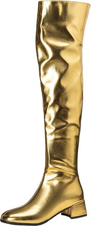 Generic MiaZane Womens Metallic Over The Knee Boots Block Heel Zip Up Fashion Statement Shiny Finish High Boots for Party Evening Streetwear Night Out,Gold,4.