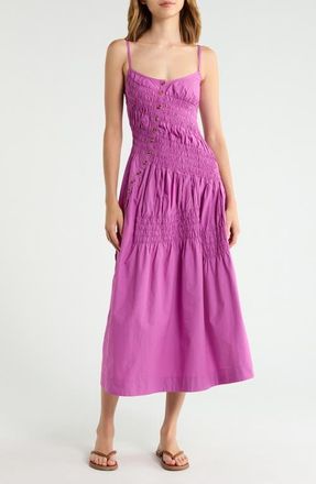 Damson Madder Lyra Sleeveless Shirred Midi Sundress in Magenta at Nordstrom, Size 12