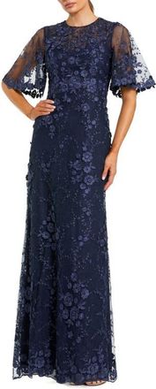 Mac Duggal Flutter Sleeve Floral Emboridered Net Gown in Midnight at Nordstrom, Size 12