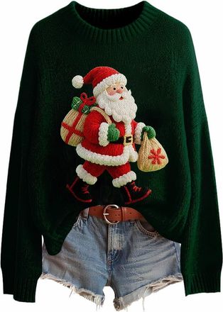 Generic Christmas Jumpers for Women UK Fashion 3D Print Womens Knitted Jumpers Long Sleeves Ladies Xmas Sweaters Winter Warm Fleece Pullover Sweaters Comforta