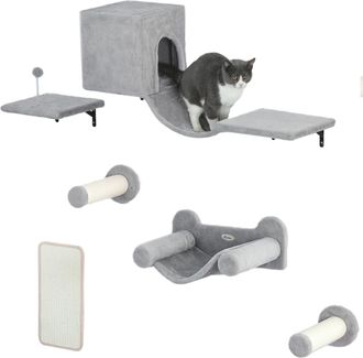 OEM Juego De Escalada Para Gatos De Pared De 6 Piezas Con Condominio Plataforma Hamaca Escaleras Y Tabla De Rascar Gris