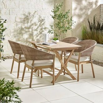 Furniturebox Hamburg + Asa Solid Wood & Wicker 4 Chair Outdoor Dining Set in Light Brown