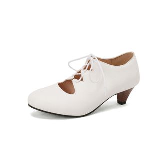 Generic Womens Lace Up Vintage Dress Pumps Mid Block Heel Party Prom Shoes Round Toe PU Leather Casual Shoes,White,10.5 UK