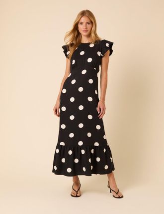 Nobody's Child Black Polka Dot Frill Sleeve Clara Midi Dress