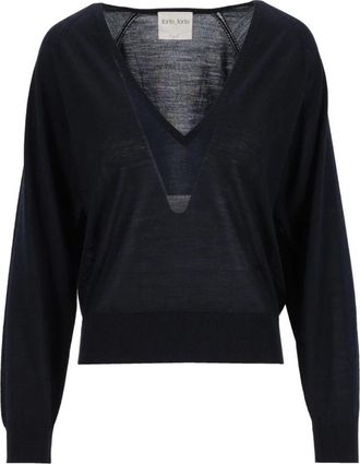 Forte_Forte V-hals Trui - Dames - V-hals truien - Blauw - M - Wol - Truien & Vesten