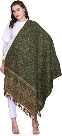 World of Shawls Timeless Paisley Wool Blend Shawl, Tibet Label, Fringed (Olive Green)