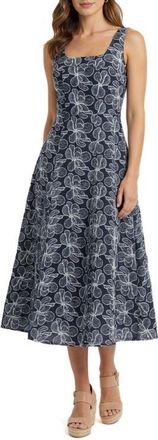 Mila Mae Floral Embroidered Denim Fit & Flare Dress in Dark Denim at Nordstrom, Size X-Large