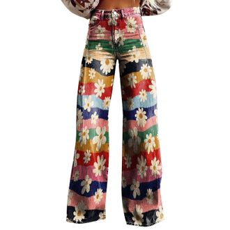 Generic Baggy Jeans Womens High Waist Jeans Vintage Denim Trousers Ethnic Style Floral Motif Jeans Large Sizes Casual Trousers Denim Look Flared Trousers Wide