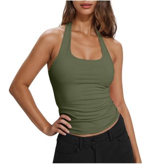 Generic Womens Running Vests Halter Neck Top Halter Neck Tank Top Sleeveless Slim Fit Vest Square Neck Backless Tees Tunic Casual Trendy Blouses Thin Workout 